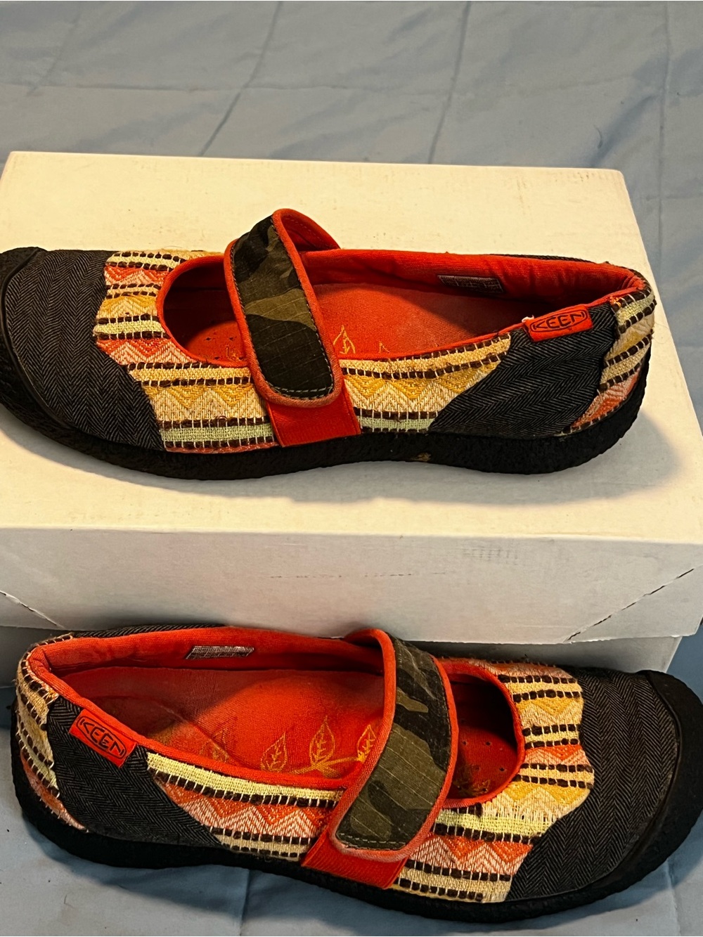 Keen Multicolor Woven Mary Jane Flats with Orange Trim